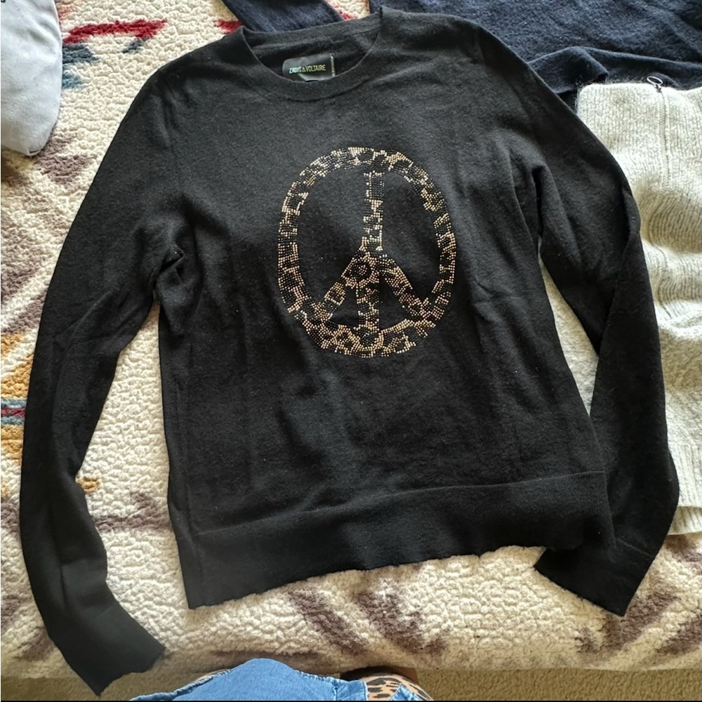 Zadig & Voltaire Rhinestone Peace Sign Black Cashmere Sweater